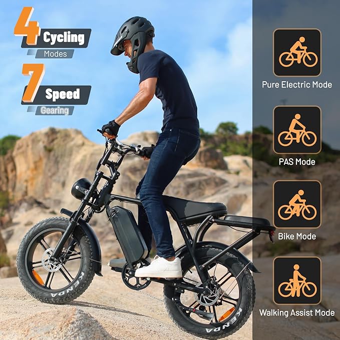 V8 Electric Bike for Adults, 20'' Fat Tire E Bike with Powerful Motor 48V 15Ah Removable Battery, 7-Speed Gears, 2 Seater E-Bike, Ebike Moped Style for Mountains, Snow, Sand, Road