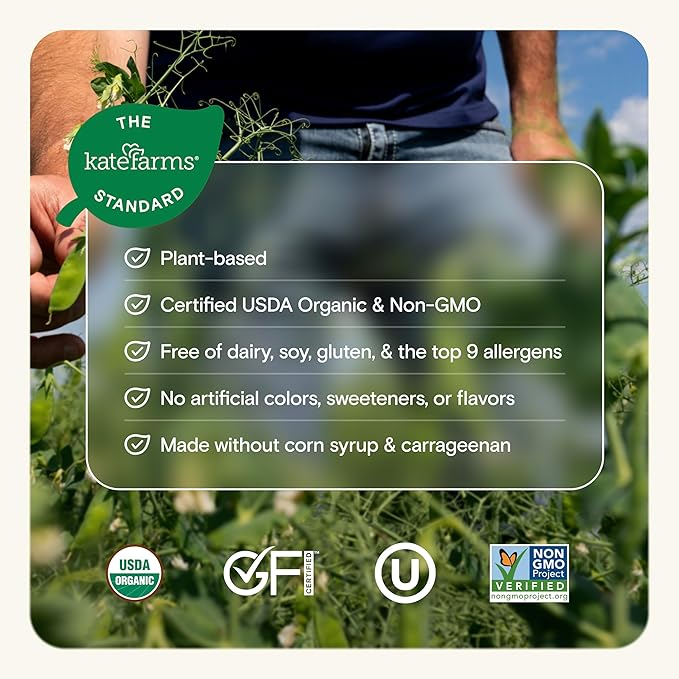 KATE FARMS Organic High Protein Chocolate Nutrition Shake, 25g Protein, 6g Fiber, 27 Vitamins and Minerals, 0g Sugar, Protein Drink, 11 oz (12 Pack)