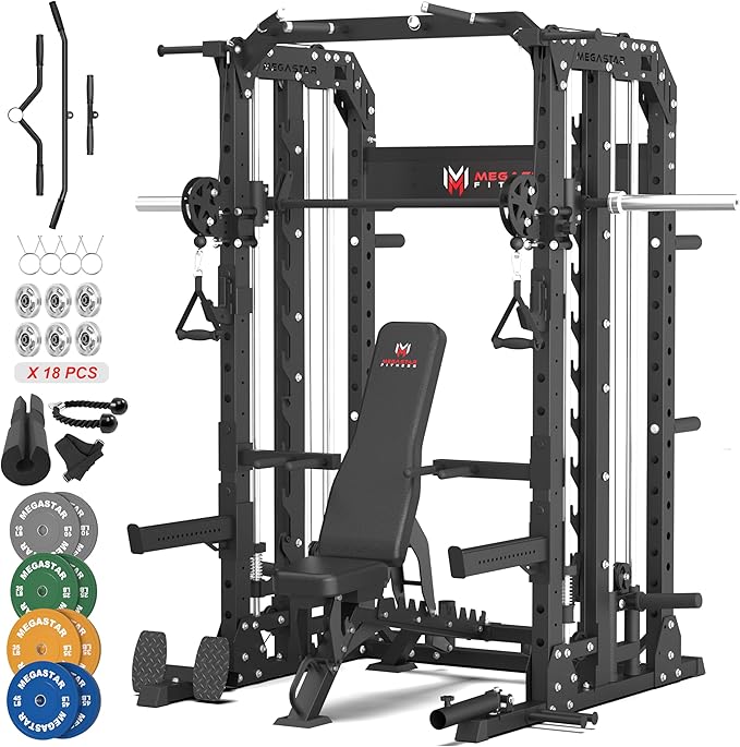 Smith Machine Home Gym with Aluminum Pulley Set- 2000lbs Capacity All-in-One Power Rack with Cable Crossover, Pull-Up Bar & Dip Station, Includes 18 Attachments, P107 Anvil