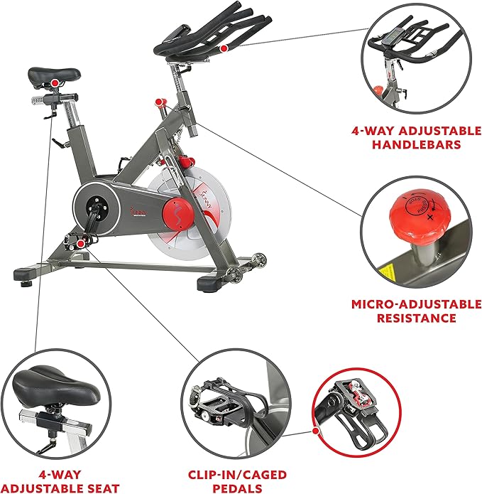 Sunny Health & Fitness Magnetic Exercise Bike, 44LB Flywheel & 300LB Weight Capacity for Intensive Home Workout, Indoor Cardio Training w/4-Way Adjustable Seat, Optional Free SunnyFit App Connection