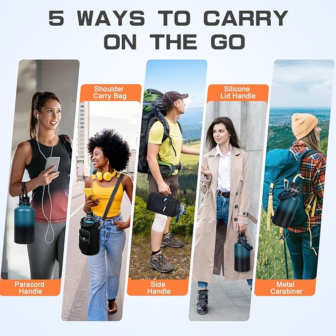 Insulated Water Bottle 64 oz, Half Gallon Water Jug Cold 48H, BPA Free Stainless Steel Bottles with Straw/Chug 2-in-1 Lid, Bag, Paracord Handle, Silicone Boot, Sports Gym School Metal Flask