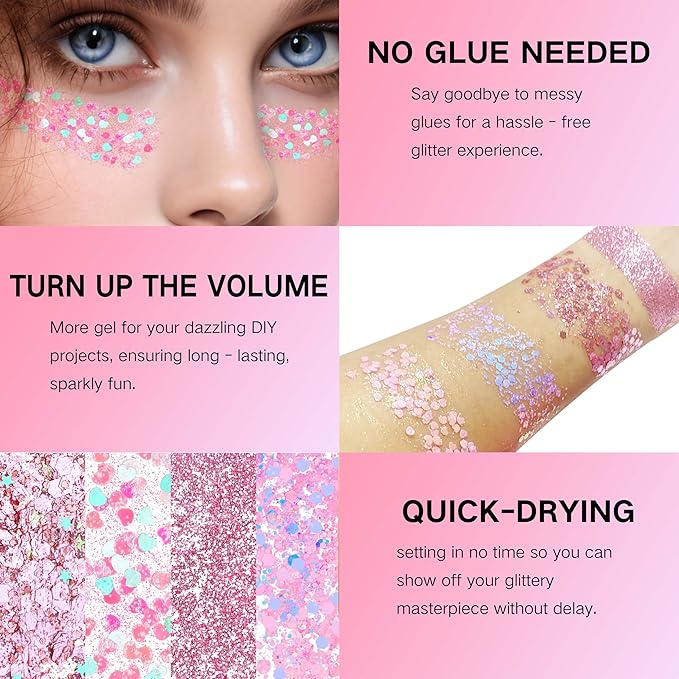 Pink Face Glitter Gel,10g/pc 4 Styles Body Glitter Mermaid Costume for Kids,Singer Concert Outfit for Women,Sparkling Hair Glitter Makeup Rave Festival Accessories,40g/1.41 oz