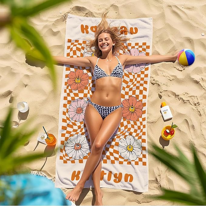 JML Personalized Beach Towel with Name, Custom Flower Beach Towel, Customized Microfiber Pool Towel, Quick Dry & Absorbent Swim Towel for Adult,Anniversary, Birthday, Summer Holiday,Vacation