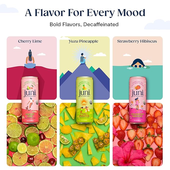 Juni Sparkling Adaptogen Drink with Ashwagandha, Lion’s Mane & Reishi Mushrooms | Green Tea for Focus, Zero Sugar, 5 Calories | Decaffeinated, Non Alcoholic Drinks - Strawberry Hibiscus 12 pack