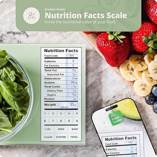 Greater Goods Nutrition Scale with Food Grade Glass, Perfect for Calorie Counting, Meal Prep, and Weight Loss (Sage Green)
