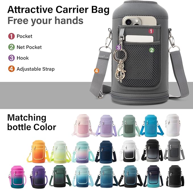 Insulated Water Bottle | Thickened Stainless Steel Vacuum Metal | Portable Sports Half Gallon Large Water Jug for Gym and Hiking with Straw, Carrier Bag, Handle Strap | BPA-Free 64 oz