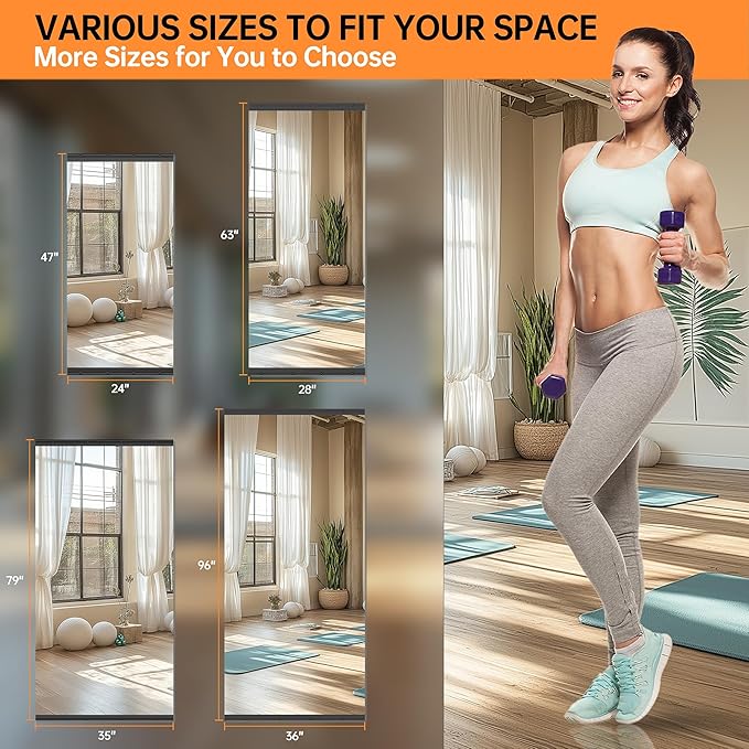 Hasipu 3 Pcs 48''x24'' Home Gym Mirror Large Full Length Wall Mounted Full Body Mirror for Yoga Dance Fitness Exercise Studio Bedroom Garage, Frameless Tempered Glass Workout Mirrors Black Rectangular