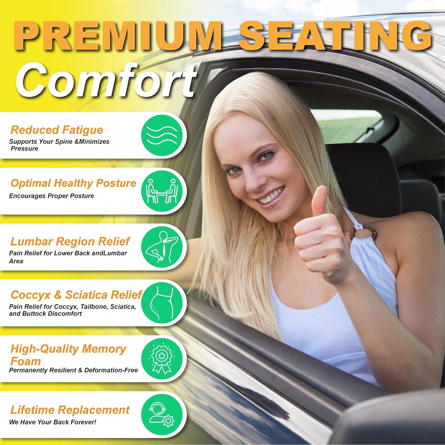 kingphenix Car Seat Cushion with Lumbar Support Pillow: Enhanced Comfort Memory Foam Design for Pain Relief, Ideal for Drivers and Office Use - Ergonomic Lumbar Comfort for Long Sitting - Black