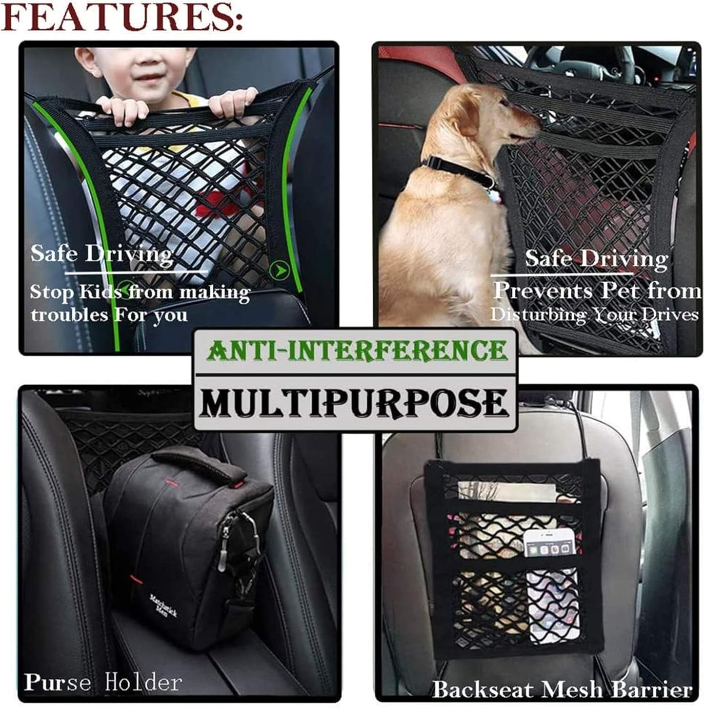 DYKESON Pet Barrier Dog Car Net Barrier with Auto Safety Mesh Organizer Baby Stretchable Storage Bag Universal for Cars, SUVs -Easy Install,Safer to Drive with Pets and Children, 3 Layer S
