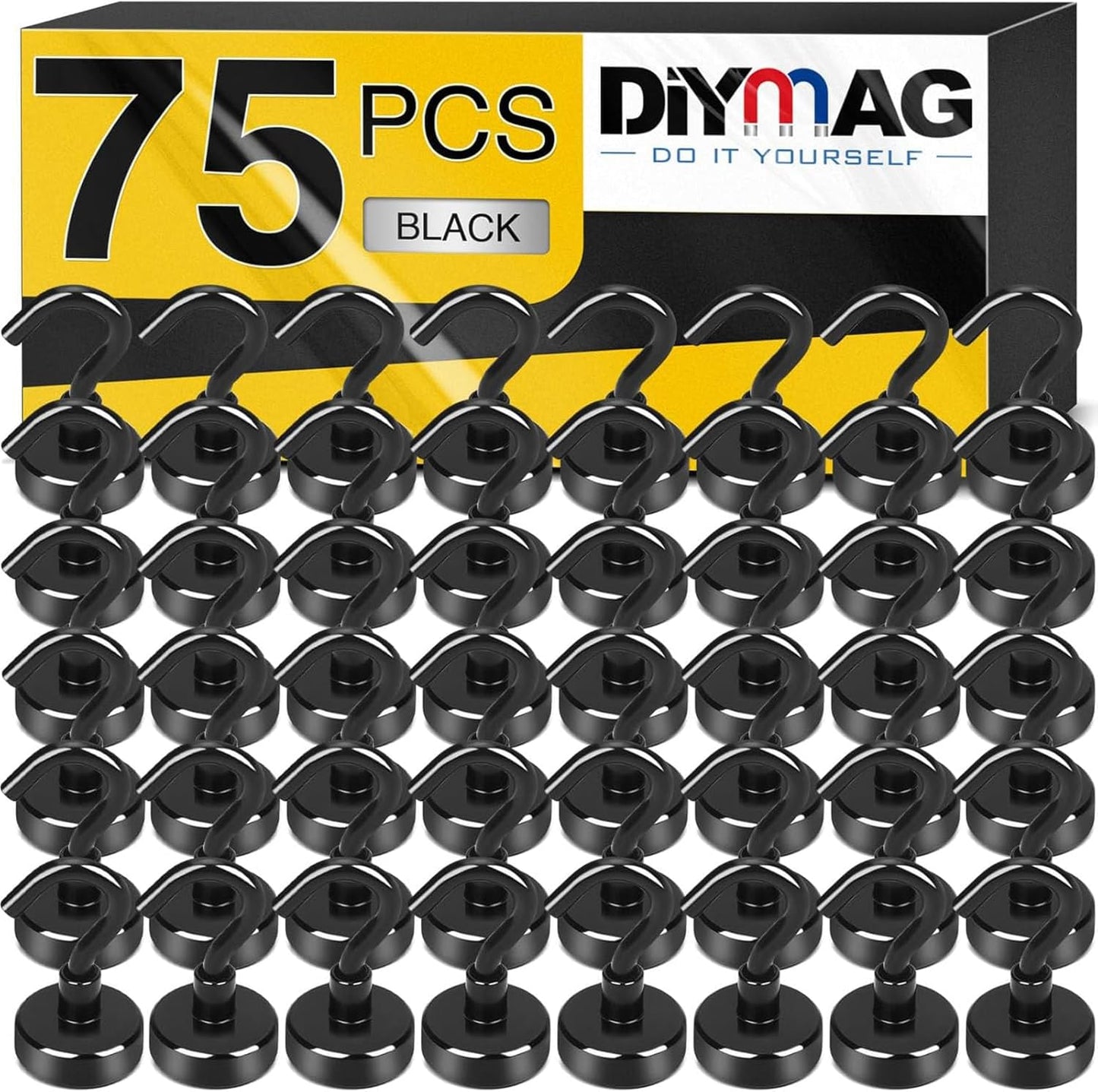 DIYMAG Magnetic Hooks, 30Lbs Strong Heavy Duty Cruise Magnet S-Hooks for Classroom, Fridge, Hanging, Cabins, Grill, Kitchen, Garage, Workplace and Office Etc, (75 Pack-Black)