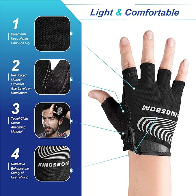 KINGSBOM Breathable Cycling Gloves, Shock-Absorbing Bike Gloves with Light Silicone Gel Pad, Anti-Slip Bicycle Gloves for Men and Women