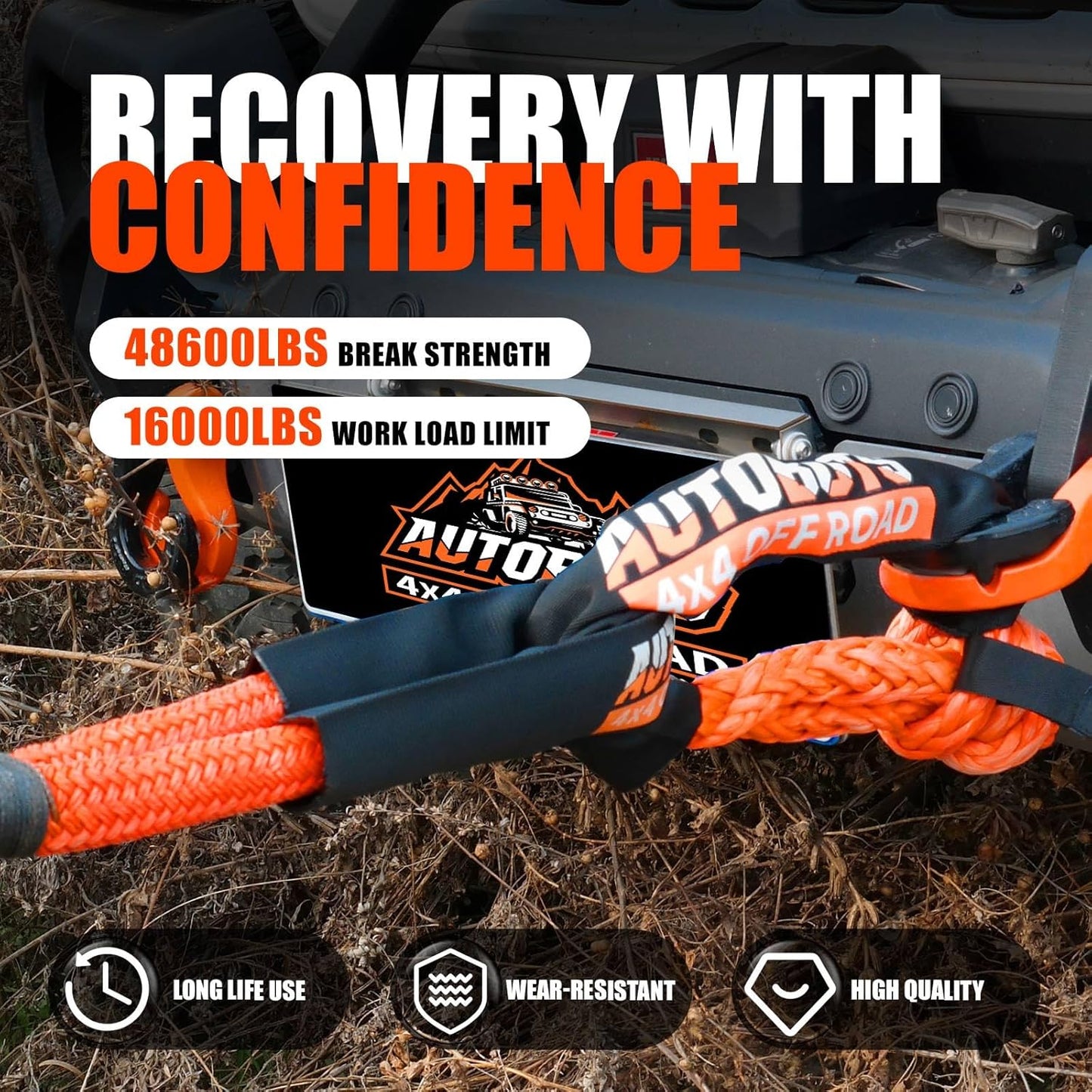 AUTOBOTS Kinetic Recovery Rope 1" x 20'(48,600lbs)+2 Soft Shackles，Heavy Duty Tow Rope Tow Strap for Truck ATV UTV SUV Car，Offroad Recovery Kit