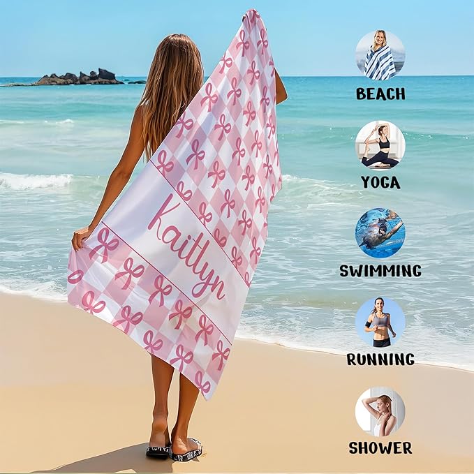 JML Personalized Beach Towel with Name, Custom Beach Towel with Text, Customized Bow Microfiber Pool Towel, Quick Dry & Absorbent Swim Towel for Adult,Anniversary, Birthday, Summer Holiday,Vacation