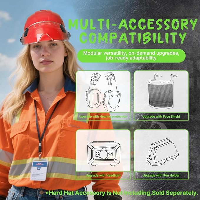 AOLAMEGS Hard Hats Construction OSHA Approved - ANSI Z89.1 Red Safety Hardhats, High Impact ABS Hardhat, Adjustable Vented Construction Worker Hat with Clear Visor, Cascos de Construccion