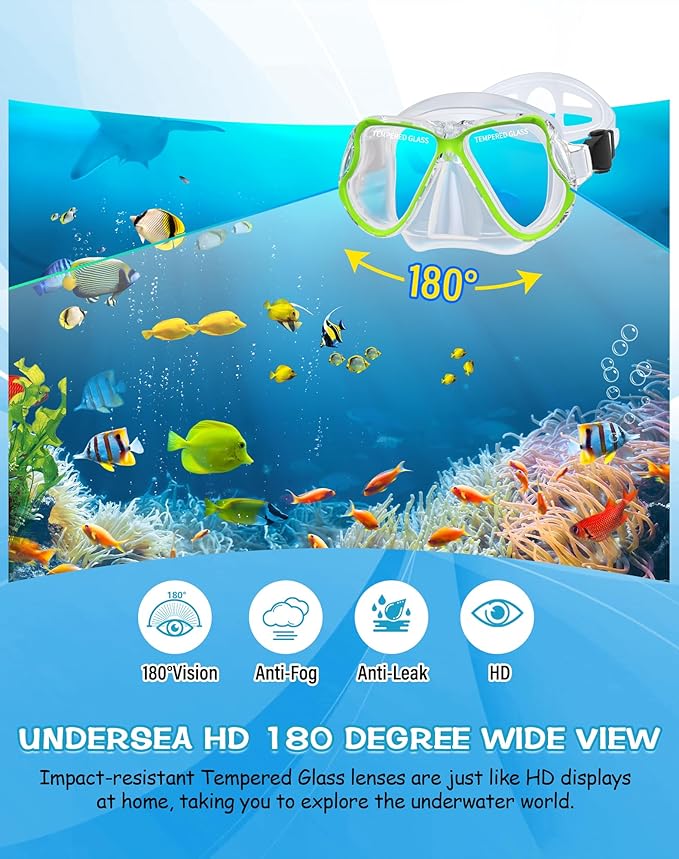 Greatever Dry Snorkel Set,Panoramic Wide View,Anti-Fog Scuba Diving Mask,Professional Snorkeling Gear