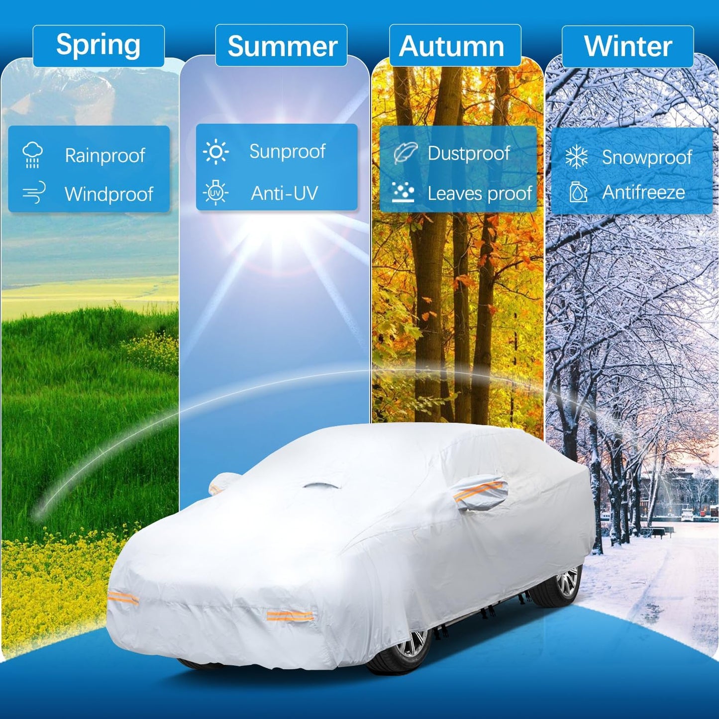 30 Layers Heavy Duty Car Cover for Automobiles All Weather Waterproof, Outdoor Snowproof UV Protection Windproof, Door Zipper, Soft Cotton Universal Car Covers (Silver, Fit Sedans 201"-210")