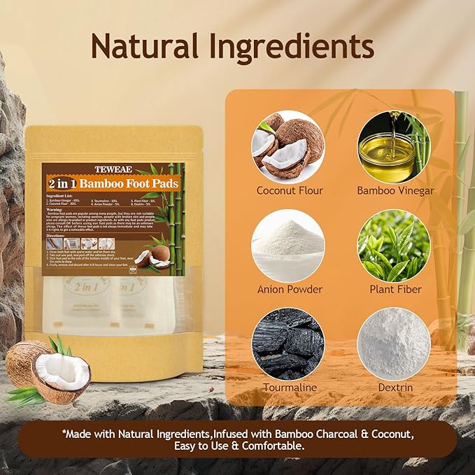 2 in 1 Foot Pads, 24Pads Bamboo Vinegar Coconut Shell Powder Feet Pads with ''Stay in Place'' Bigger Adhesive Sheet
