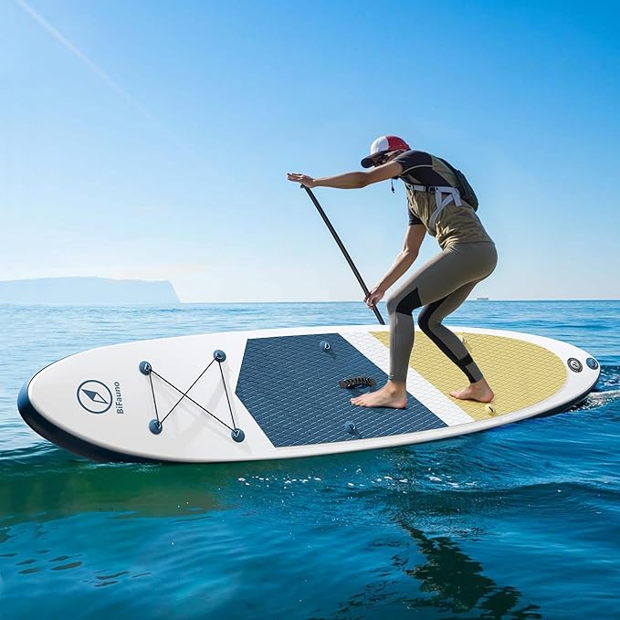Inflatable Stand Up Paddle Board with SUP Accessories & Backpack. Paddle Boards for Adults. Non-Slip Deck, Wide Stance, Bottom Fin, Double Action Pump.