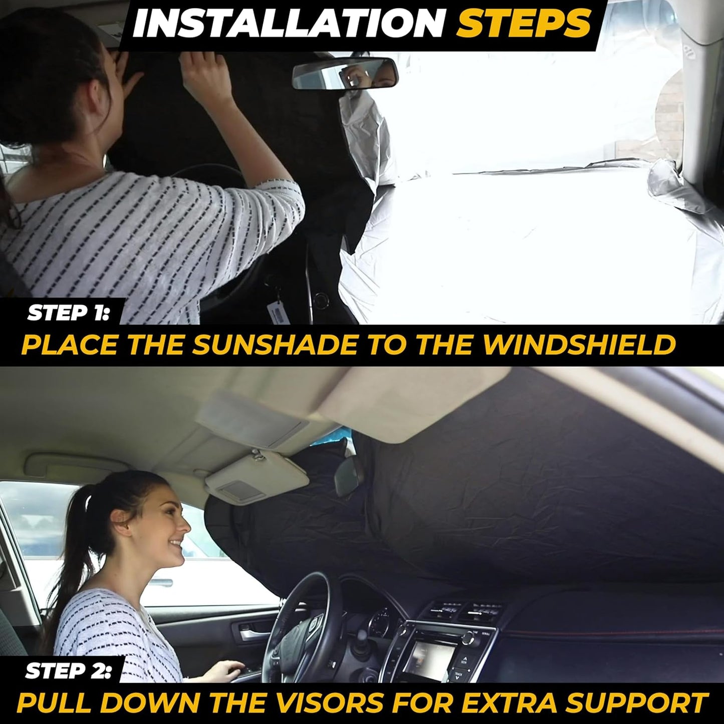 Windshield Sun Shade for Car, SUV & Truck – Patented Design Blocks 99% UV Rays & Heat | 240T Reflective Polyester Sunshade with Storage Bag | Keeps Vehicle Interior Cool | Universal Fit S(59" x 29")