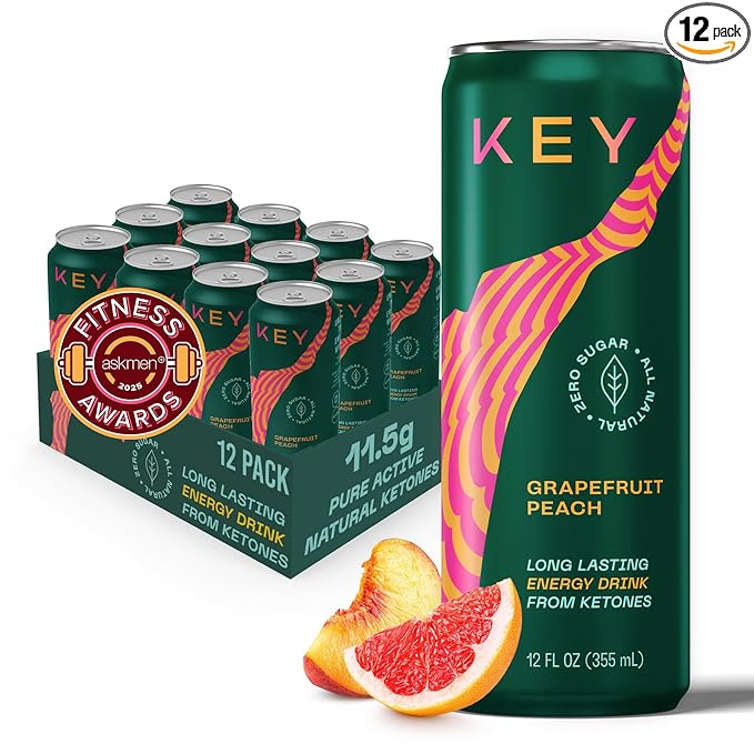 KEY Ketone Energy Drink : Sugar Free, 80mg Low Caffeine, All Natural, 11.5g Ketones, Long Lasting Energy, Green Tea & L-Theanine for Mental Focus, Grapefruit Peach (Pack of 12)