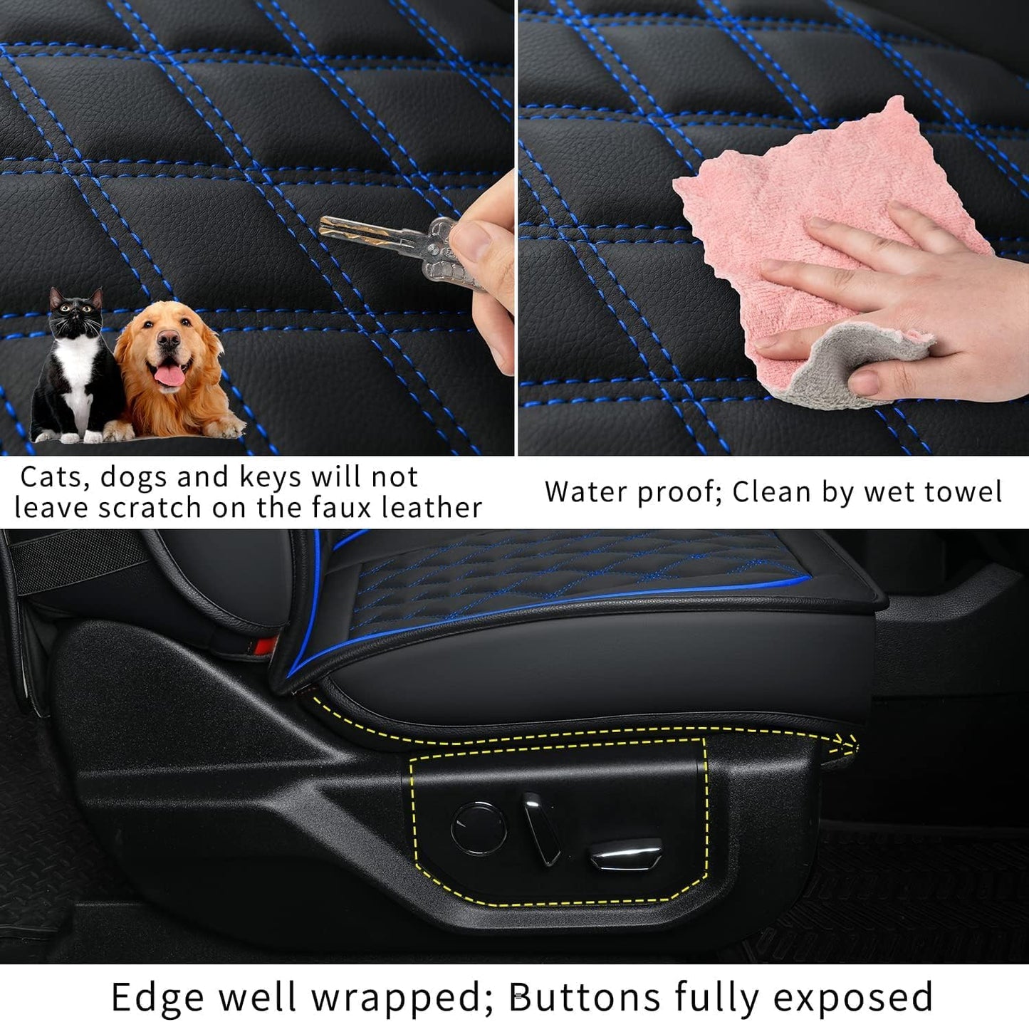 LUCKYMAN CLUB F150 Faux Leather Seat Covers Fit for 2015-2024 2025 F150 SuperCrew and 2017-2024 2025 F250 F350 F450 Super Duty Crew Cab Pickup Trucks(Full Set, Black&Blue)