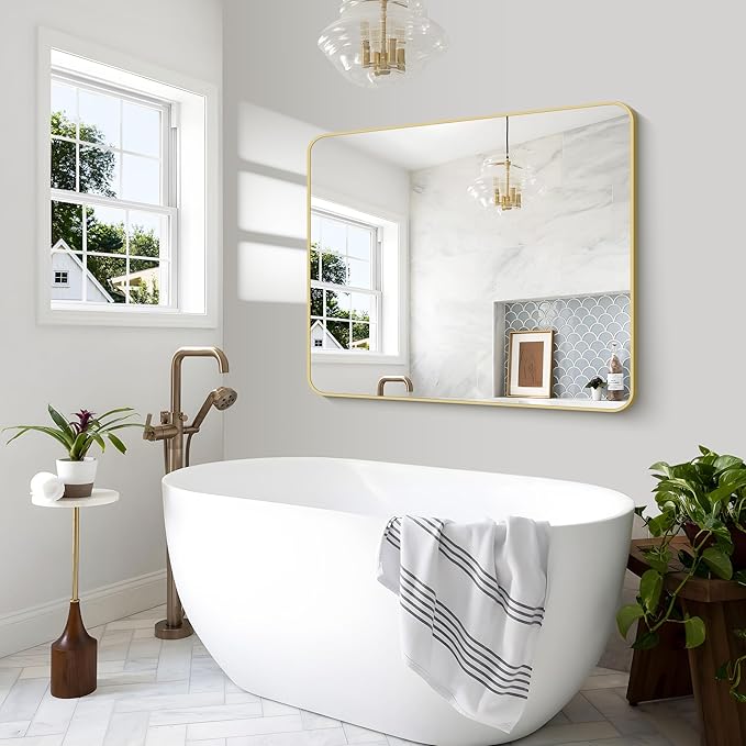 Gold Bathroom Mirror,40x48 inch Wall Mirror for Bathroom Wall Mounted,Round Rectangle Mirror for Bathroom Over Sink,Modern Frame for Home Decor Living Room,Bedroom Entryway,Horizontal/Vertical