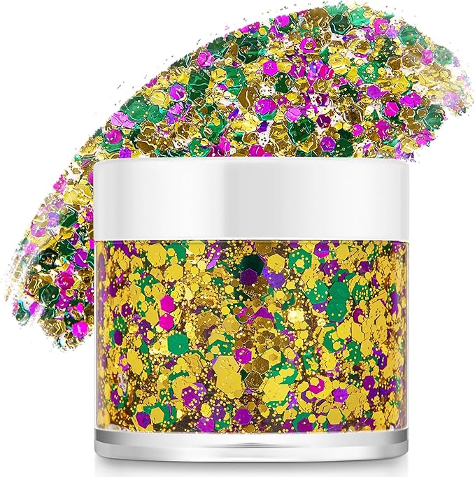 Mardi Gras Accessories Gold Face Glitter,Green Purple Gold Mixed Holographic Body Glitter Glitter,Festival Sequins for Face and Body, New Orleans Decorative Carnival Decorations