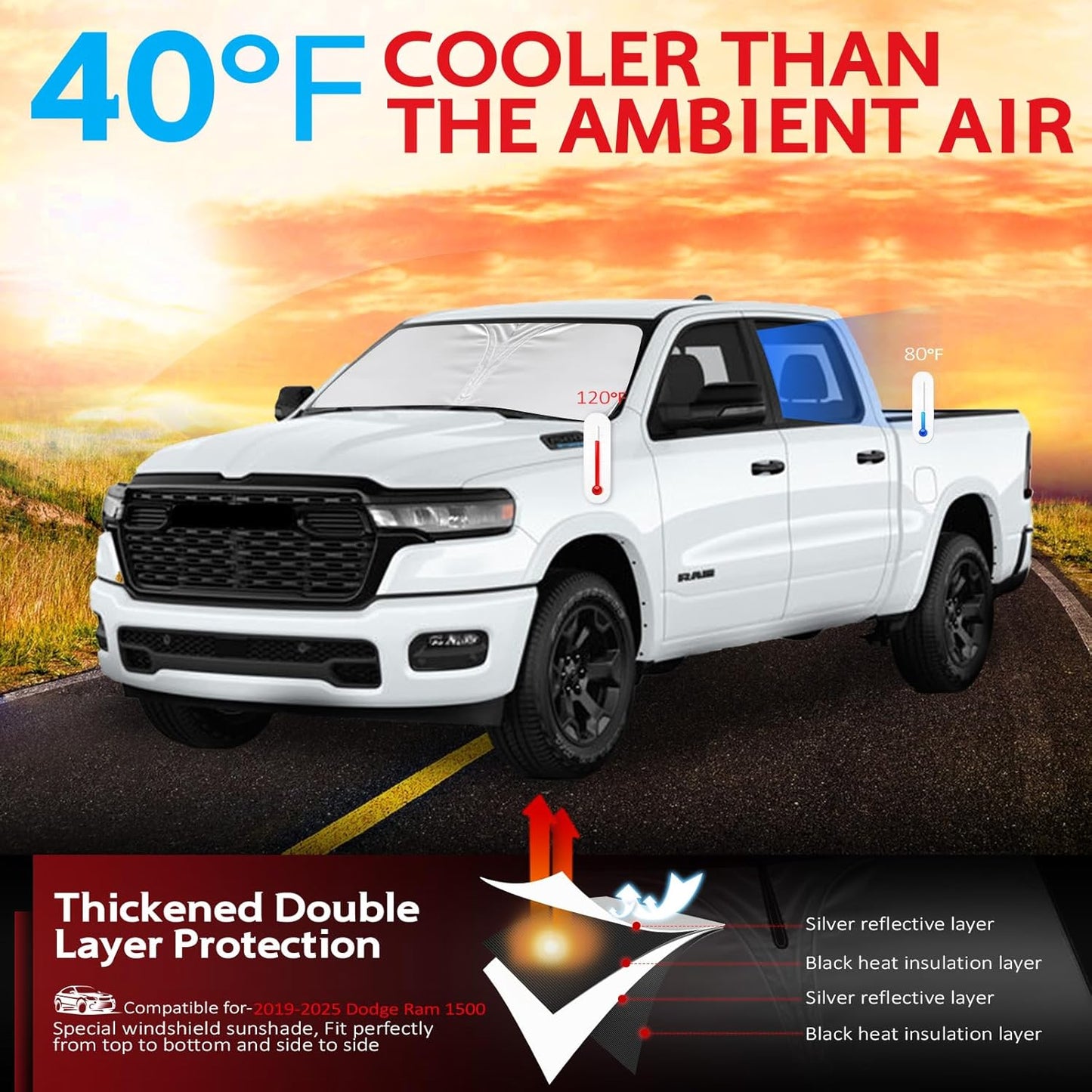 KAYZT Windshield Sun Shade for 2019-2025 2026 Dodge Ram 1500 CrewCab,MegaCab Pickup,2Dr RegularCab,4Dr QuadCab Foldable Sunshade Front Window Custom Fit Car Accessories