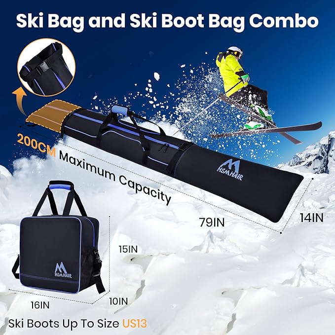 Ski Bag and Boot Bag Combo,Padded Ski Bag Set for Air Travel,Snow Ski Bags for Adults,Water- resistant Ski Boot Bag Fits for Skis Up to 200 CM and Boots Up To Size US13