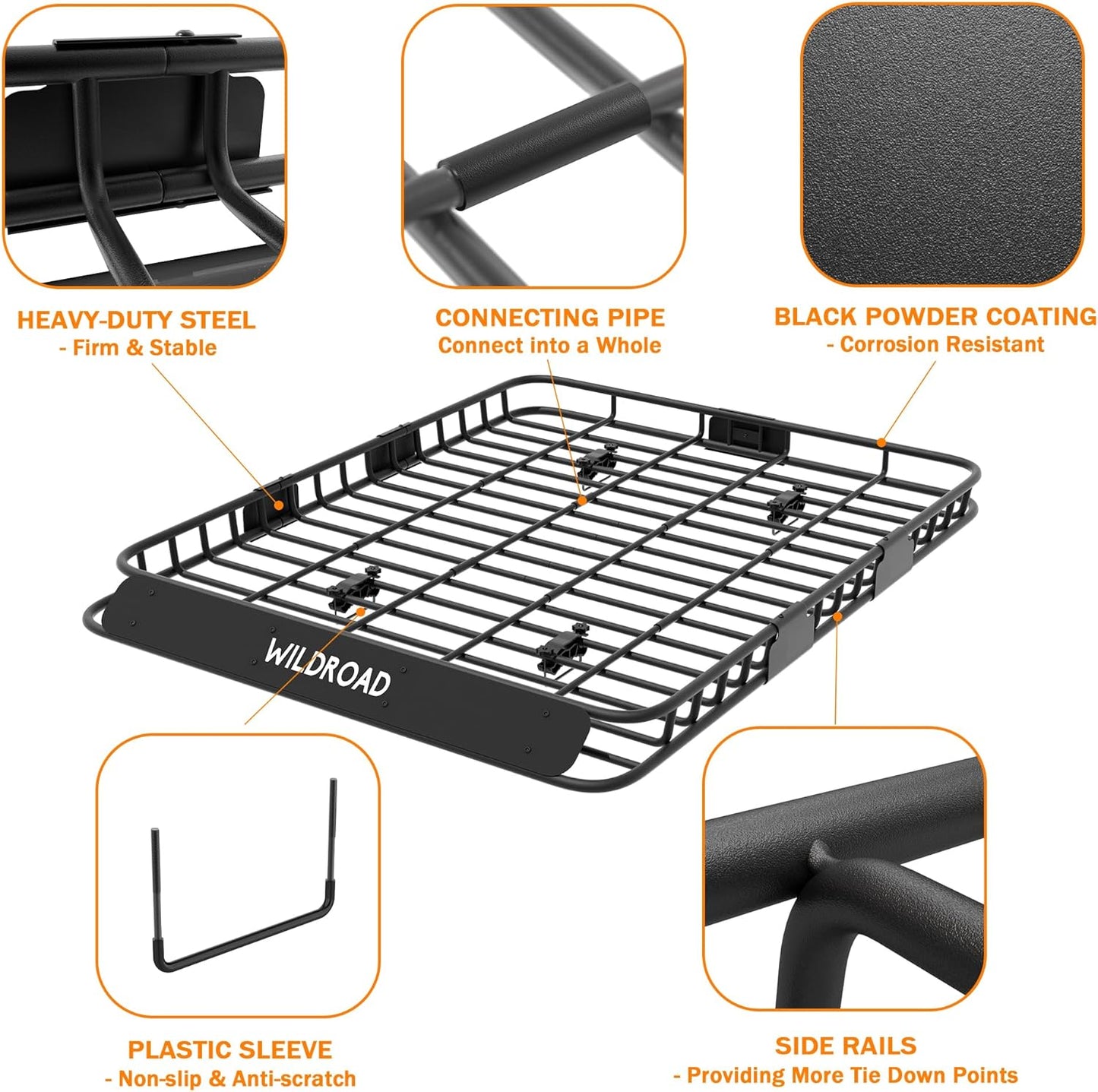 Wildroad Roof Rack Cargo Basket, Upgraded 4” Fence Wide Car Roof Basket, 64"x 50"x 4" Universal Car Top Carrier Basket with Super Duty Bungee Cargo Net and Ratchet Straps Fits for SUV Truck Cars