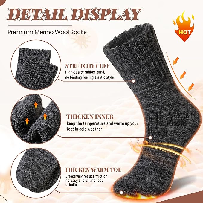 Merino Wool Boot Socks Thermal Winter Ski Thick Warm Hiking Socks for Women Men 3 Pairs