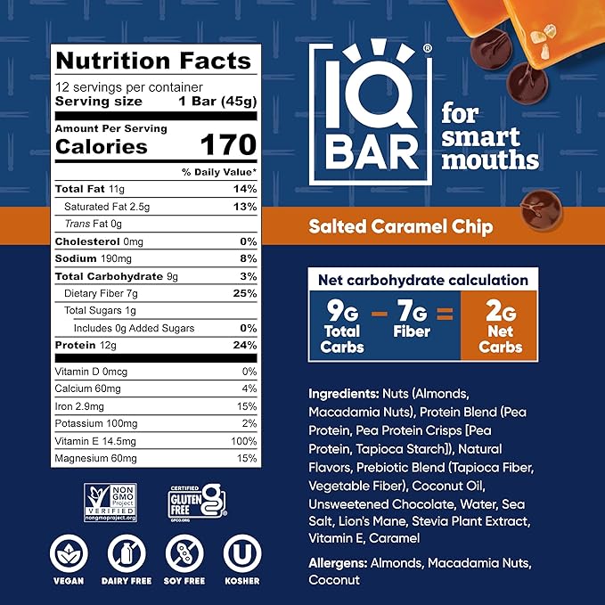 IQBAR x Chef Thomas Keller - Brain and Body Plant Protein Bars - Salted Caramel Chip - 12-Count, Low Carb, High Fiber, Gluten Free, Vegan Snacks - Low Sugar High Protein - Low Calorie Keto Energy Bars