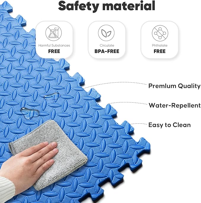 Home Gym Mat, Puzzle Exercise Mat, EVA Interlocking Foam Floor Tiles for Home Workout Equipment and Kids' Play Areas - Blue, 24 in x 24 in x ½ in - 24 Tiles (Blue, 24 Pack 96 sq ft)