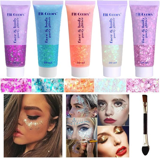 Body Glitter Face Glitter Gel: Singer Concerts Disco Festival Rave Accessories Face Glitter Makeup 150ml Chunky Sequins Mermaid Face Body Hair Glitter Gel (White&Pink&Rose&Lake Blue&Orange)