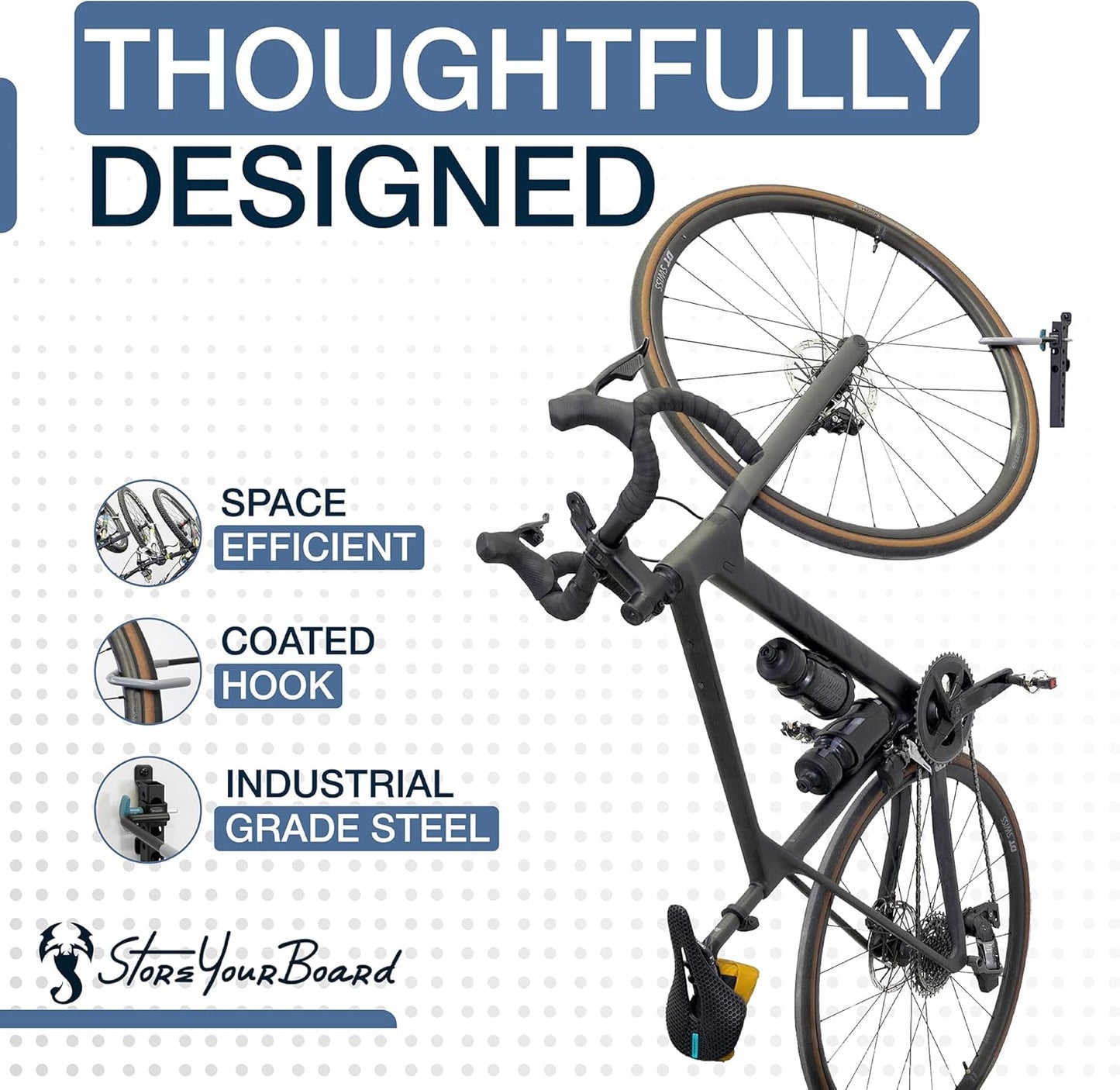 WheelRest Bike Hook, No-Lift Garage Bike Wall Mount 75lbs Max Load, Fits all bikes, Vertical Bicycle Storage Rack, Adjustable Bike Hanger for MTB, Road, eBike, 2 Pack