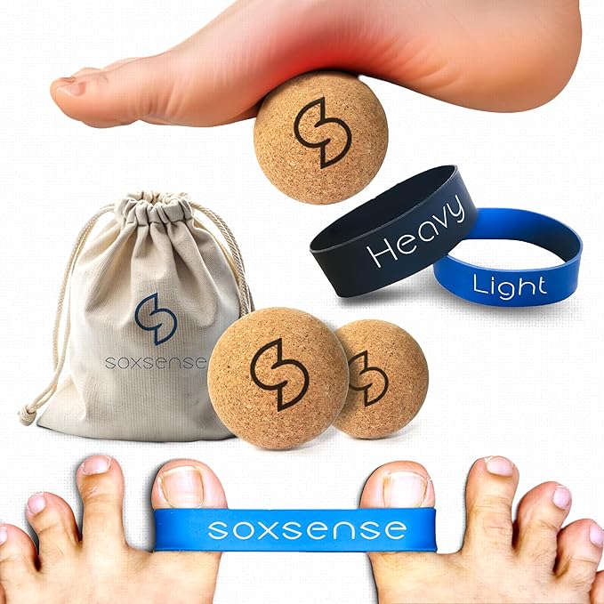 Soxsense Cork Foot Massage Balls & Toe Stretching Bands Set (4 PCS) – Plantar Fasciitis Relief, Foot Pain Therapy Tools