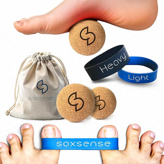 Soxsense Cork Foot Massage Balls & Toe Stretching Bands Set (4 PCS) – Plantar Fasciitis Relief, Foot Pain Therapy Tools