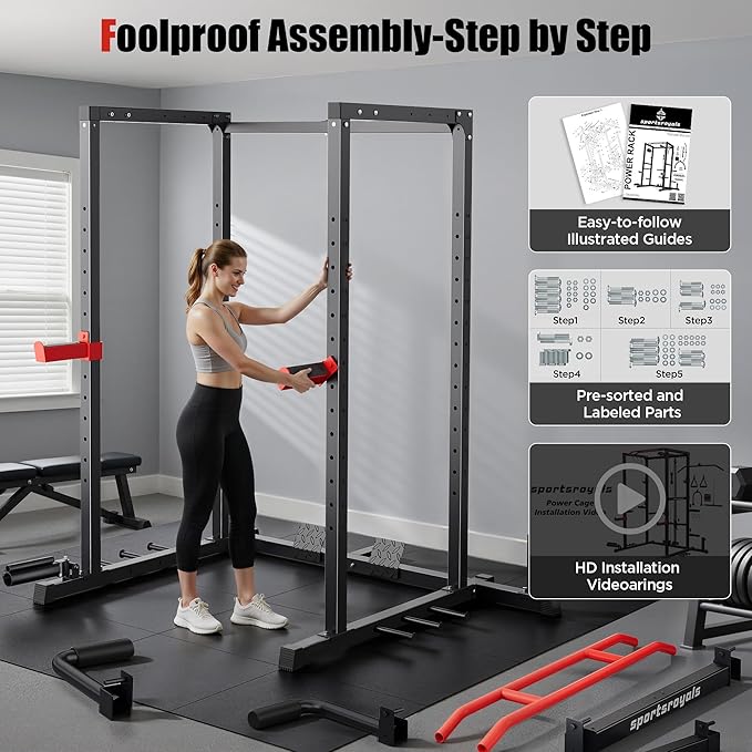 Sportsroyals Power Cage,1600lbs Multi-Function Power Rack with Adjustable Cable Crossover System and More Training Attachment, Weight Cage for Home Gym