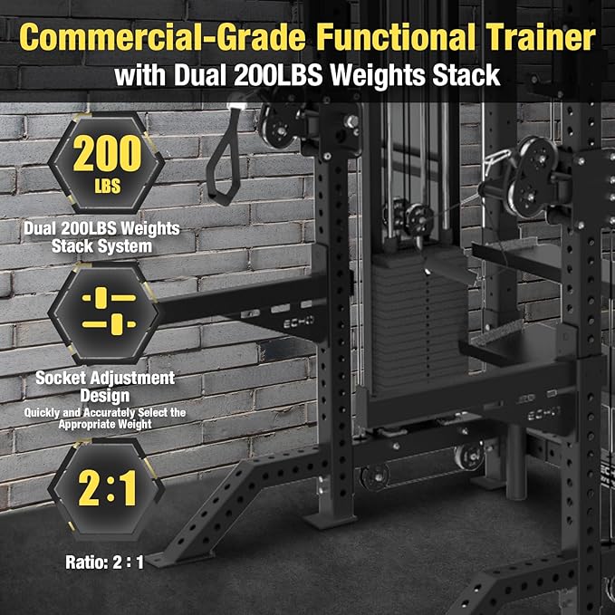 Commercial Functional Trainer Cable Machine with Dual Weight Stacks, Power Cage Squat Rack, Dual Cable Crossover Machine with Pulley System