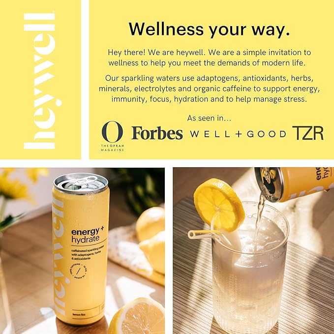 Heywell Sparkling Adaptogenic Water Energy and Focus, Lemon Fizz Flavor 12 Fluid Ounce (Pack of 12) - Caffeinated, Organic, Non GMO, Vegan, Gluten Free, Dairy Free