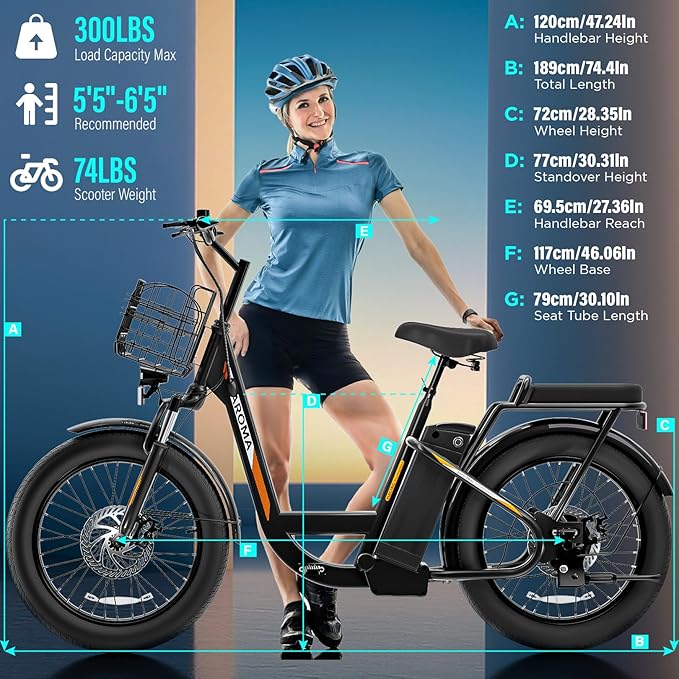 Caroma Electric Scooter with Seat, 48V Removable Battery E-Bike, Up to 30Miles&20MPH, 500/800/1200W Motor, 20" Fat Tire Adult Electric Bicycles for Commuting with Basket