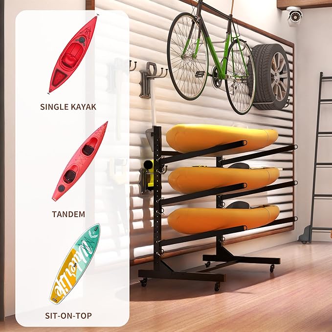 Kayak Storage Rack, Heavy Duty Kayak Stand Canoe Rack with Wheels, Freestanding Kayak Holder Stand for Kayaks, Canoes, Surfboard, Paddleboard Storage