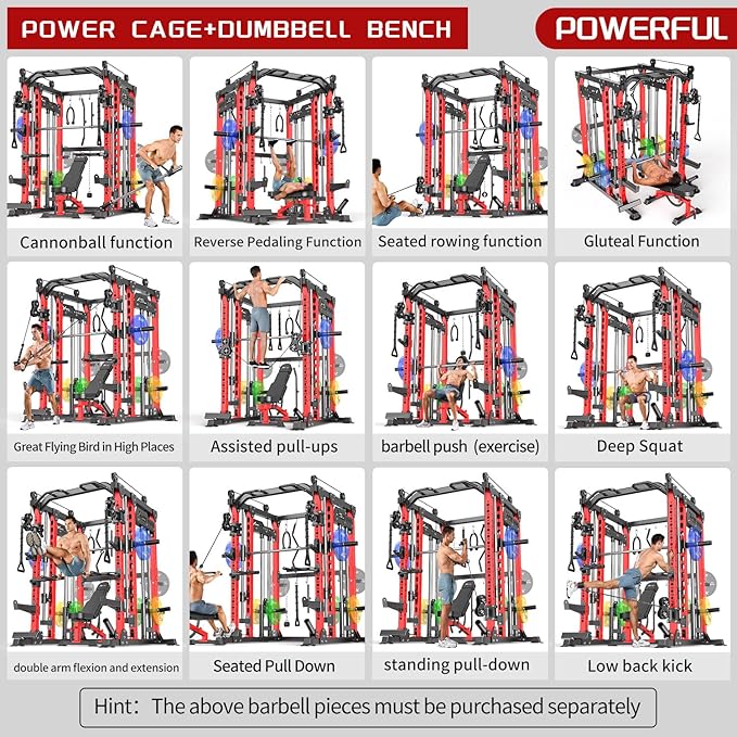 Smith Machine with Cable Crossover System, Multi-Function Power Cage Squat Rack for Home Gym, Power Rack and Packages Weight Sets.