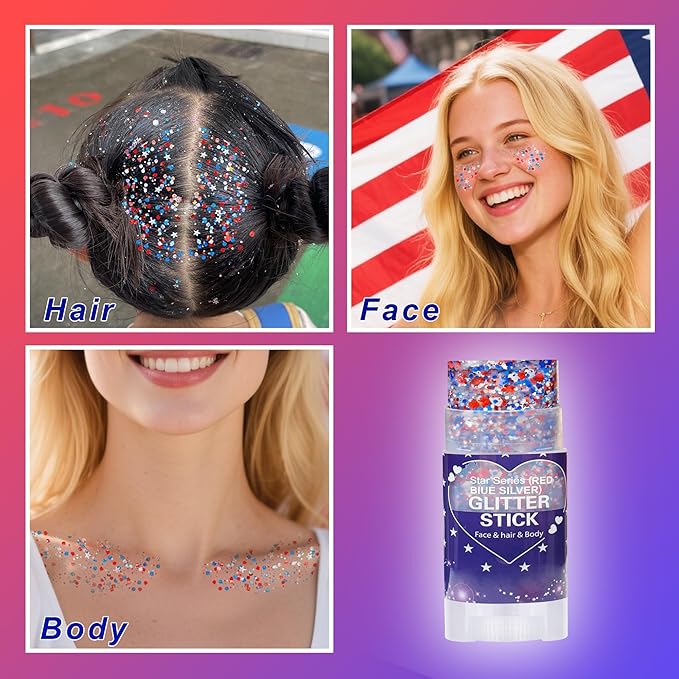 Red White Blue Hair Glitter Stick for Kids,Patriotic Face Body Glitter,4th of July Accessories,Fourth of July Outfits for Women,Patriotic Day Waterproof Chunky Glitter Makeup