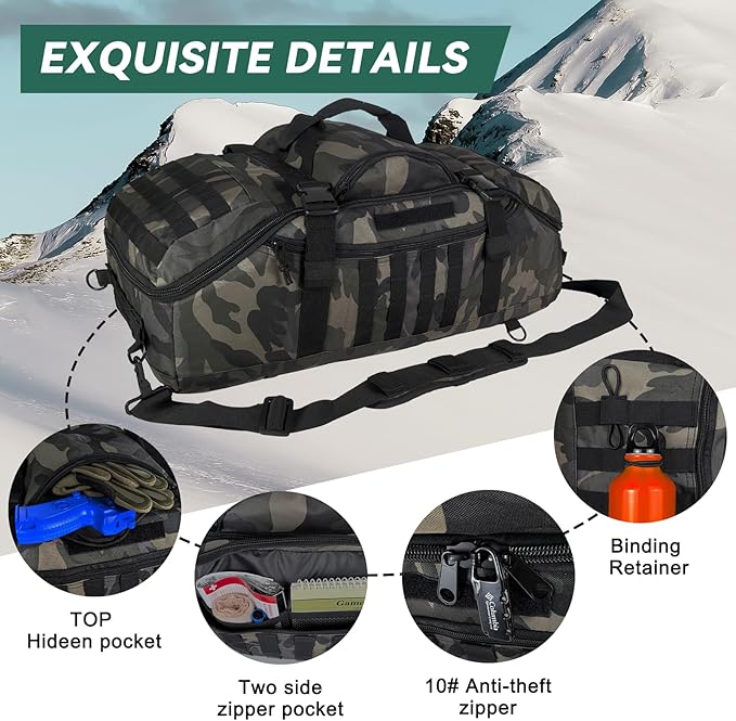 55L Large Duffle Bag, 3-in-1 Tactical Backpack MOLLE Pack for Gym, Sports, Outdoor, Black Camo