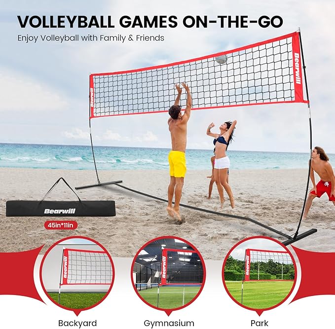 Volleyball Net, 12FT Portable Volleyball Net for Backyard, Freestanding Volley Ball Set Height Adjustable with Carry Bag, Volley Ball Practice Nets Training Equipment for Indoor and Outdoor