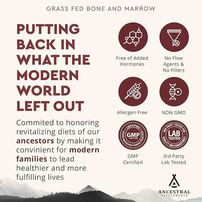 Ancestral Supplements Grass Fed Beef Bone and Marrow Supplement, 3000mg, Skin, Oral Health, and Joint Support Supplement, Promotes Whole-Body Wellness, Non GMO Whole Bone Extract, 180 Capsules