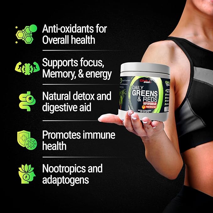 GMU SPORT Daily Greens and Reds, Super Greens Powder, 42 Superfoods, Probiotics, Adaptogens, Antioxidants for Gut Health, Superfood Powder for Mental Focus, Organic Greens Powder - Peach Berry Flavor