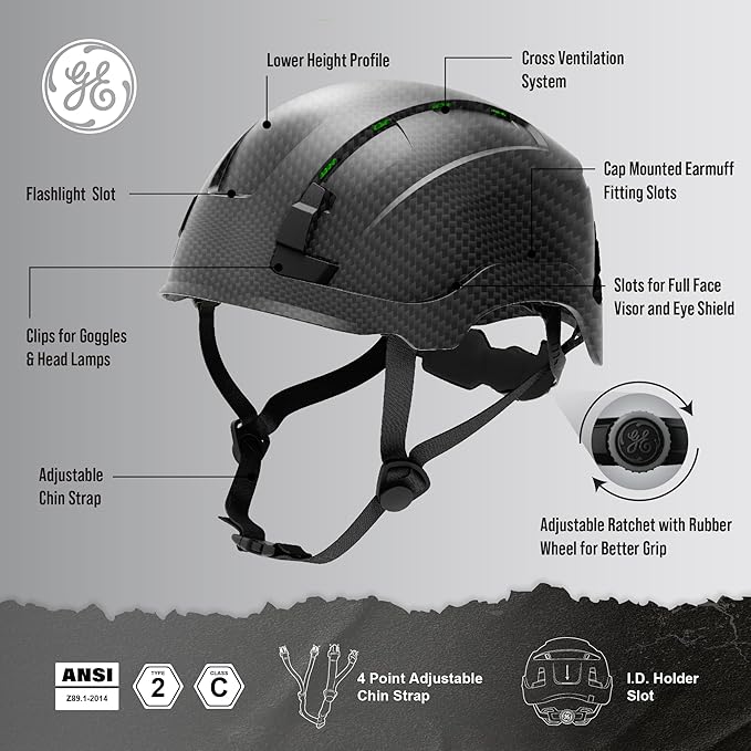 GE Safety Helmet: ANSI Type 2 Class G & E, Advanced Impact Technology, Ultra Comfortable Memory Foam, Heat Stress Reduction, Compatible with Accessories, Adjustable Size OSHA Approved