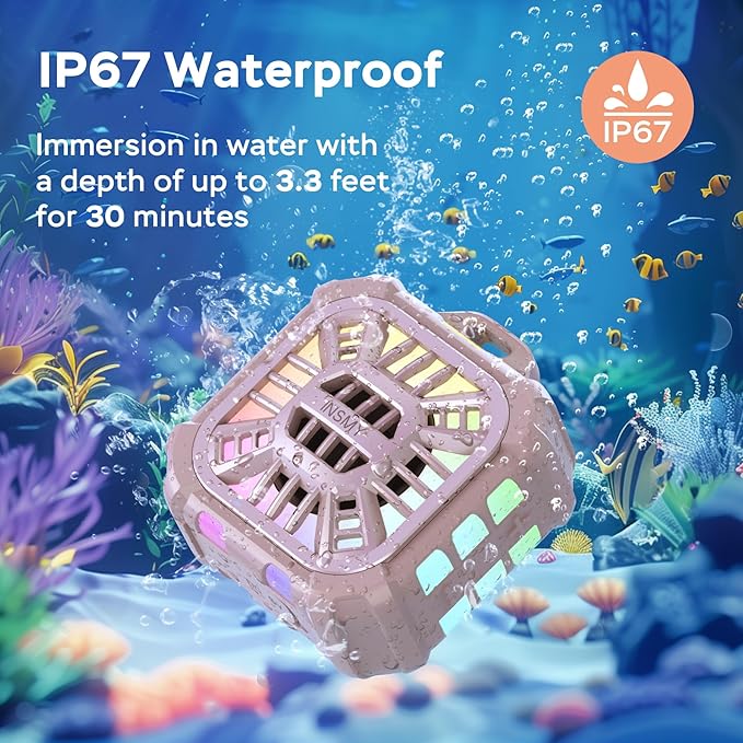 INSMY IP67 Waterproof Bluetooth Speaker, Shower Speaker Portable Small Clip-on, Multi Sync 100+ Speakers, Big Volume Booming Bass, 24H Playtime/Floatable/RGB Lights for Outdoor/Kayak/Beach(Pink)